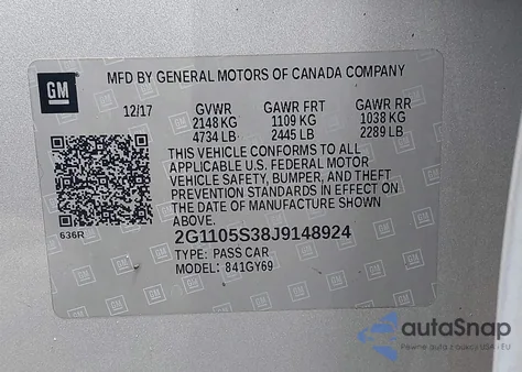 2018 Chevrolet Impala 1Lt from USA, damaged, VIN 2G1105S38J9148924